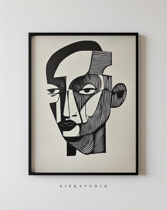 Abstract Portrait Wall Art Black And White Cubist Face Line Print Geometric Artwork Modern Minimalist Decor For Home Or Office