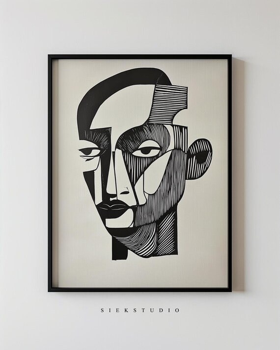 Cubist Face Black White Abstract Portrait Geometric Art Poster