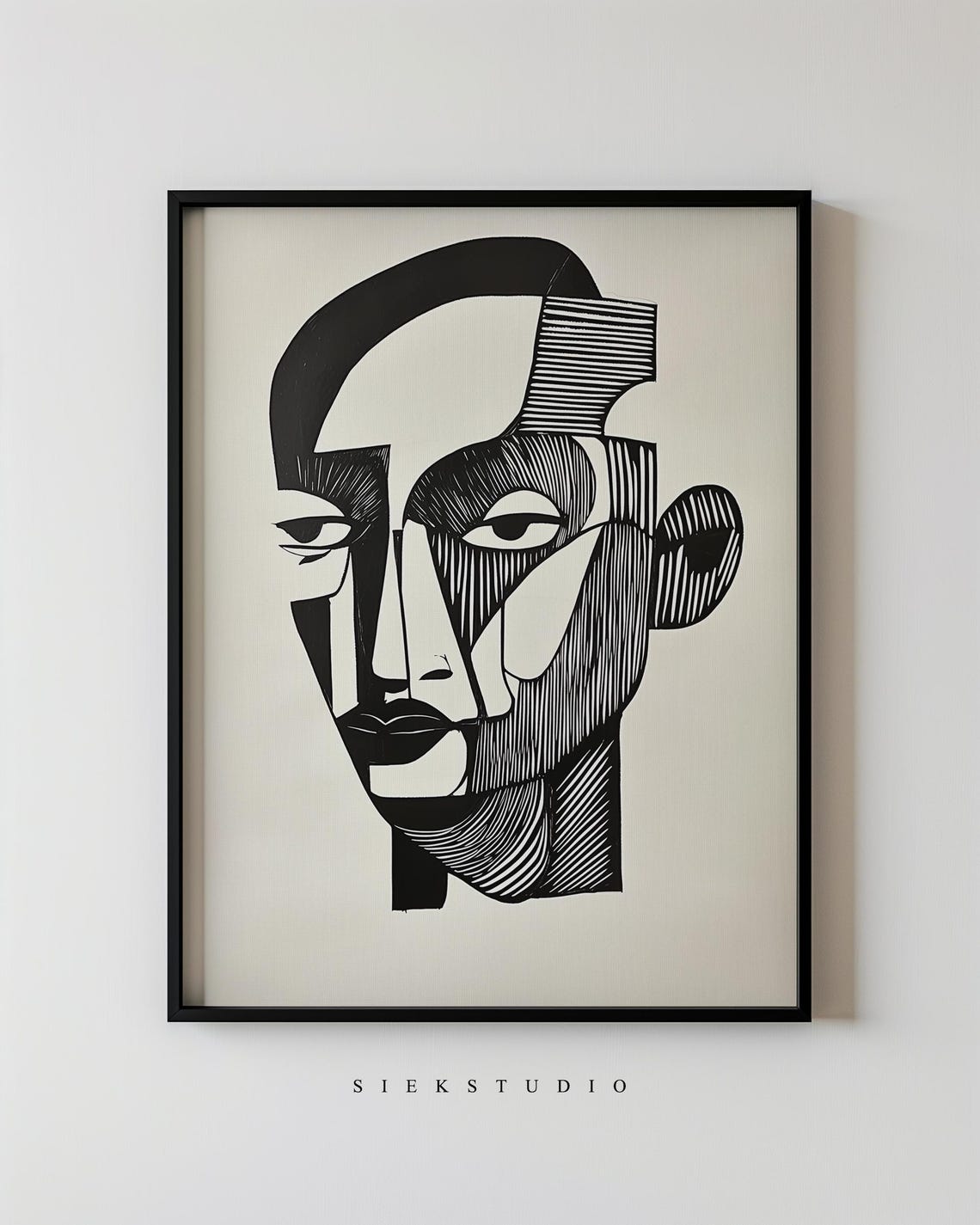 Cubist Face Black White Abstract Portrait Geometric Art Poster