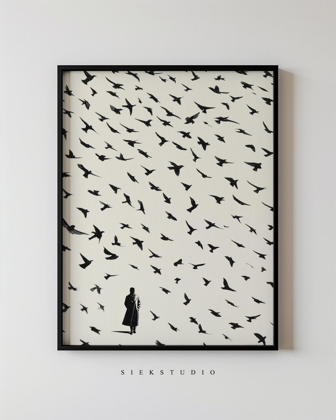 Lone Figure Among Flock Of Birds Black White Minimalist Poster