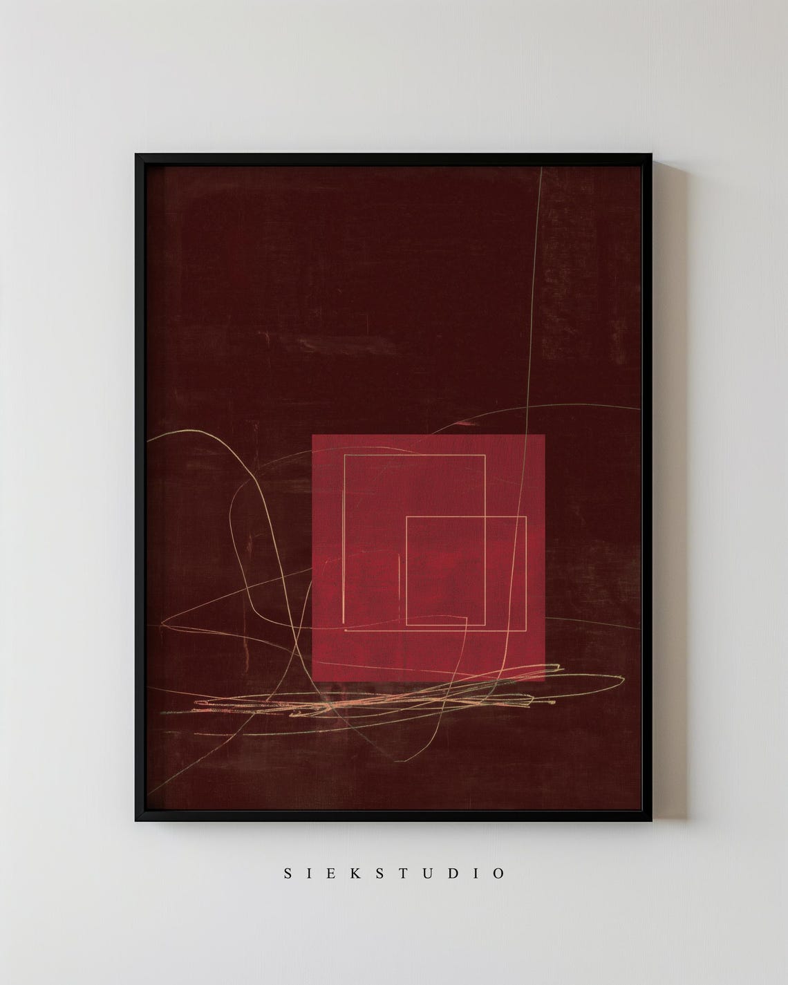 Burgundy Abstract Geometric Gold Line Minimalist Block Poster