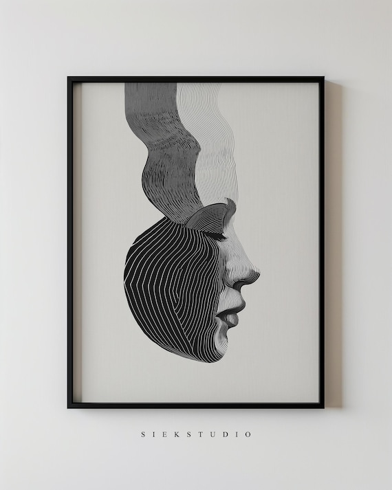 Abstract Line Art Face Profile Poster Black White Modern Style