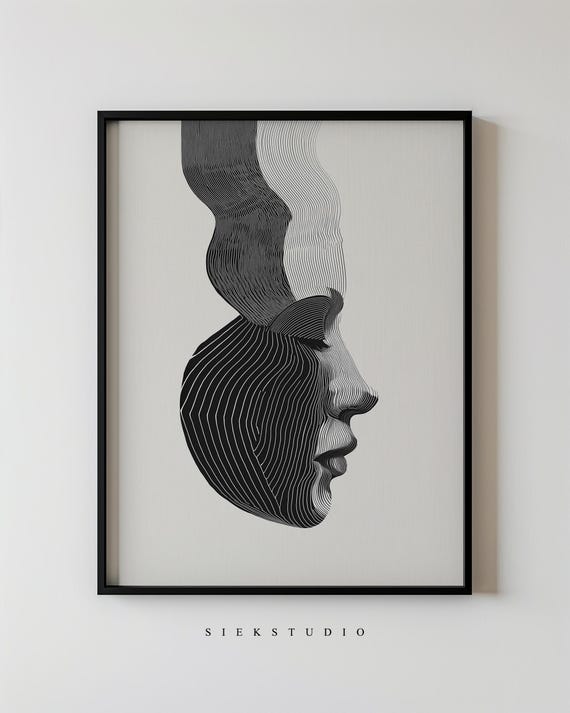 Abstract Line Art Portrait Black And White Face Minimalist Contour Print Modern Wall For Living Room