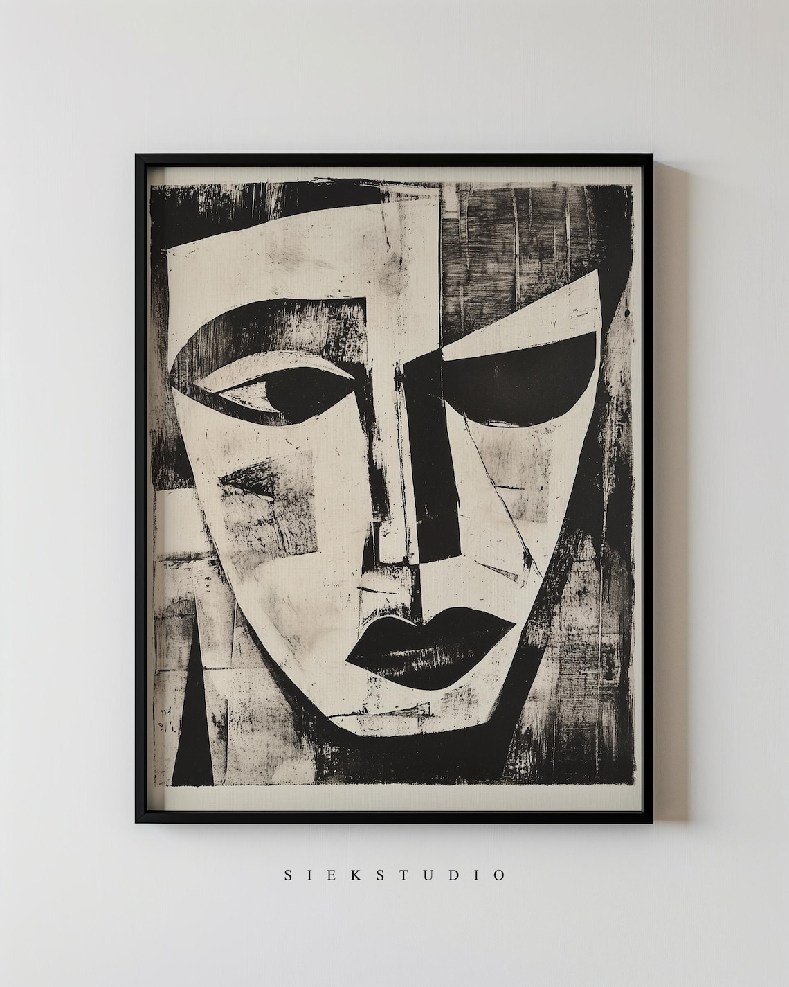 Bold Cubist Portrait Black White Geometric Face Art Minimalist Abstract Expressionist Modern Contemporary Monochrome Wall Decor