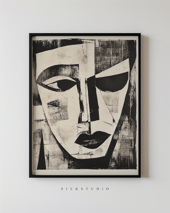 Bold Cubist Black White Geometric Face Abstract Portrait Poster