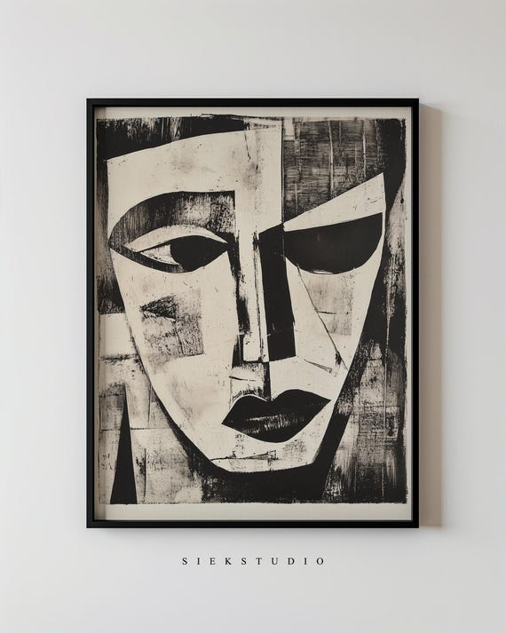 Bold Cubist Portrait Black White Geometric Face Art Minimalist Abstract Expressionist Modern Contemporary Monochrome Wall Decor