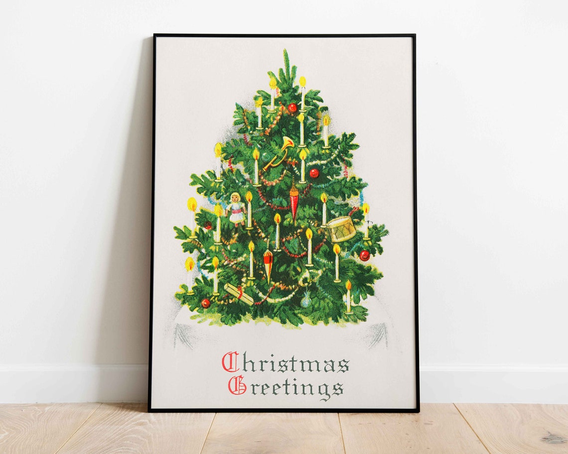 Old Fashioned Candlelit Christmas Tree Holiday Greetings Wall Art