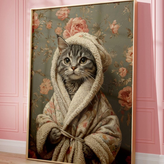 Tabby Cat In Bathrobe, Cat Lover Poster Print