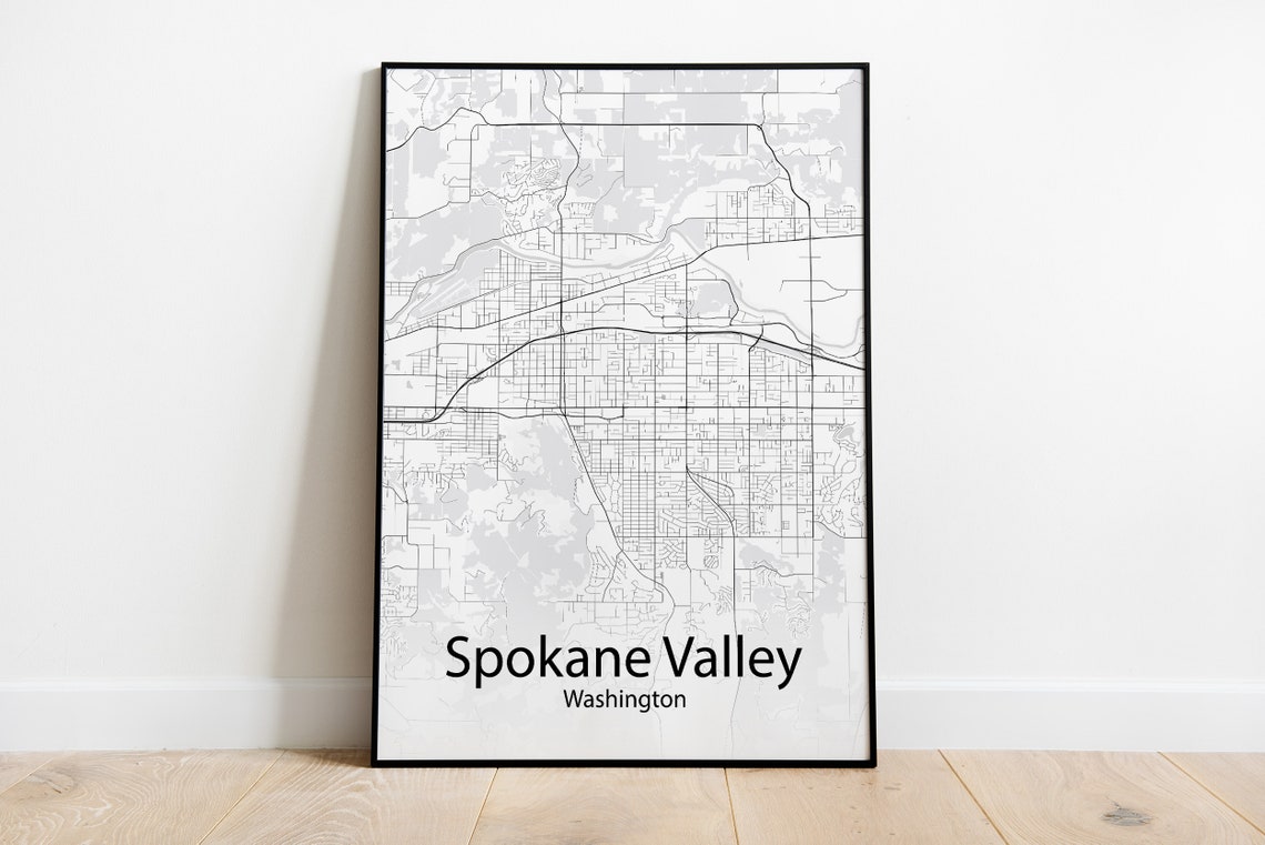 Spokane Valley Washington Black and White Minimalist Street Map Poster