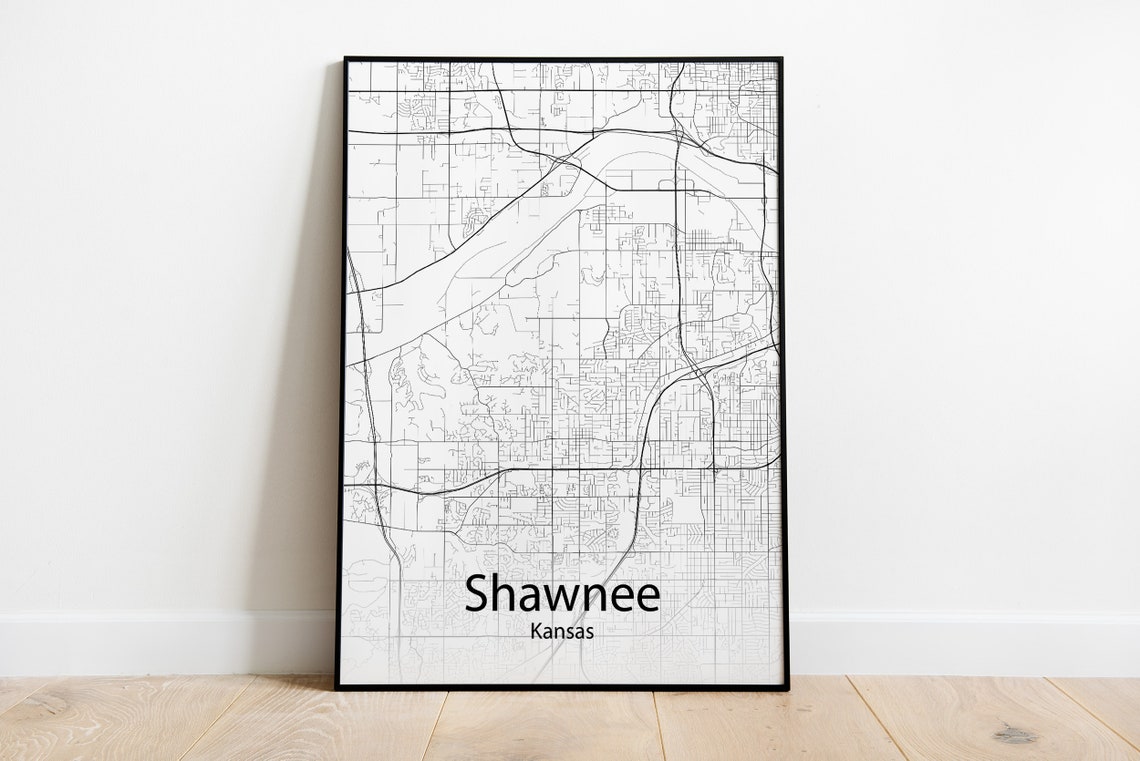 Shawnee Kansas Minimalist Black And White City Street Map Poster