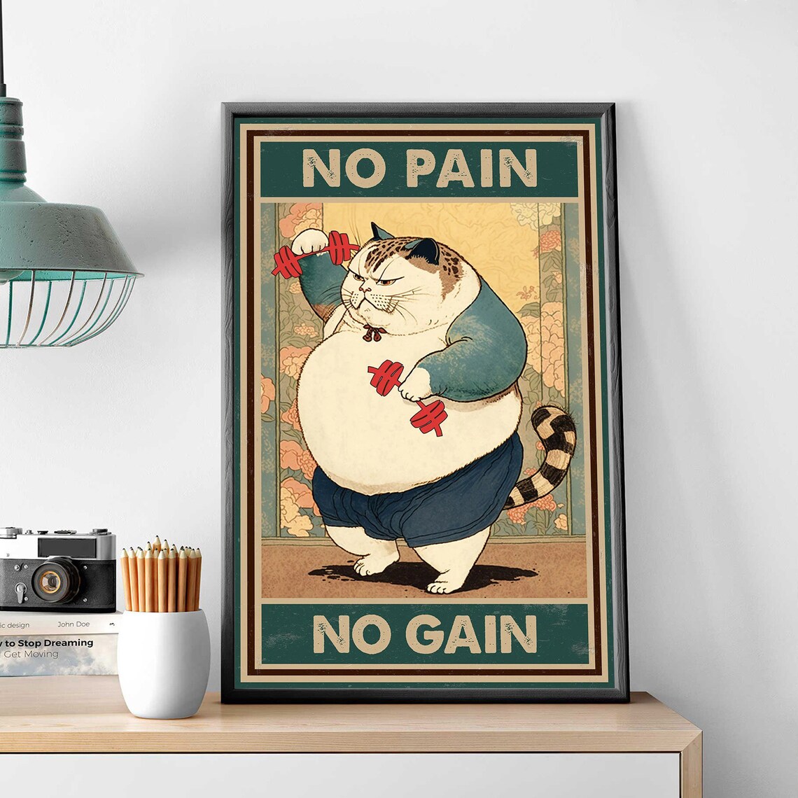 Funny No Pain No Gain Cat Powerlifting Art Print - Image 2