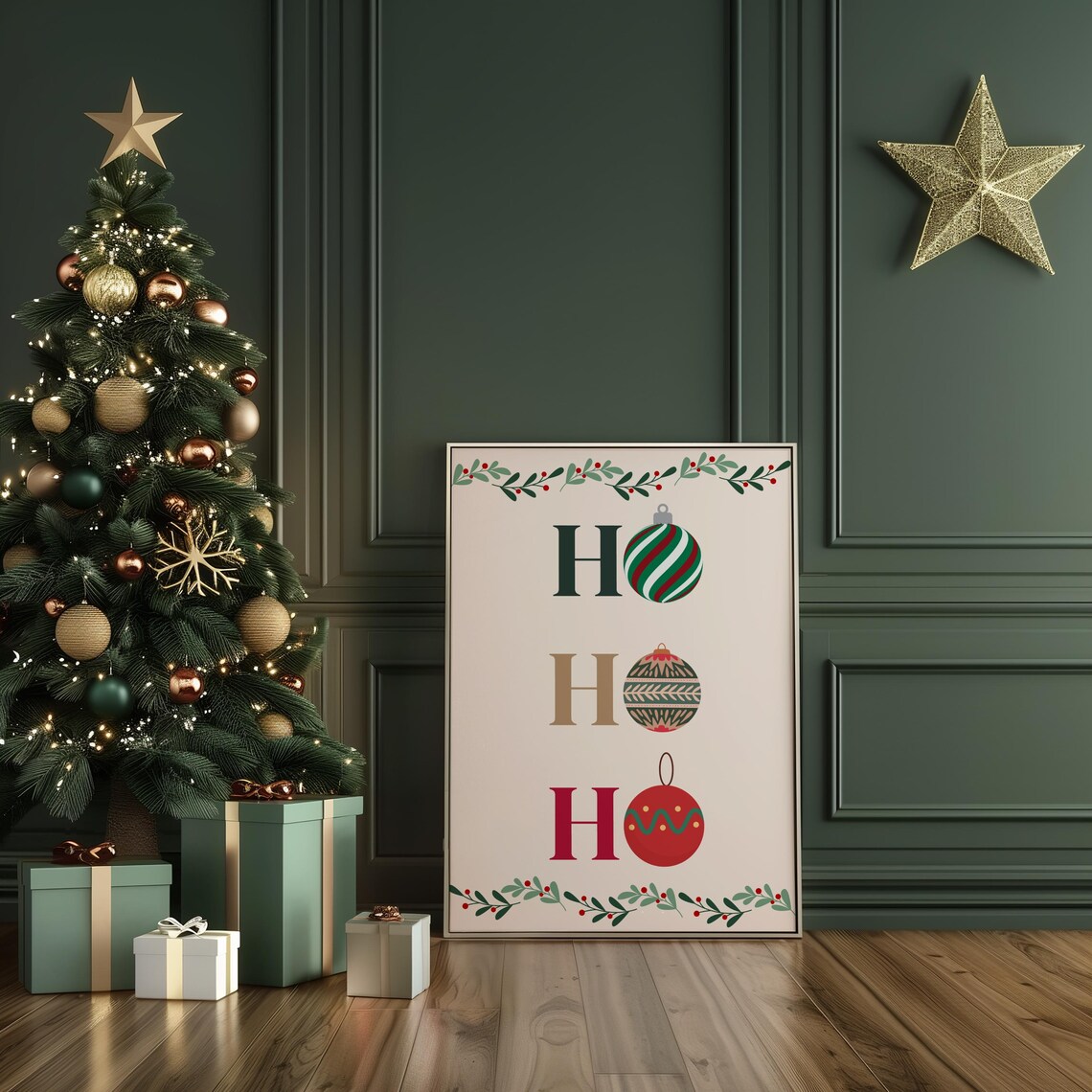 Ho Ho Ho Ornament Christmas Poster Festive Bauble Holiday Wall Decor Art - Image 3