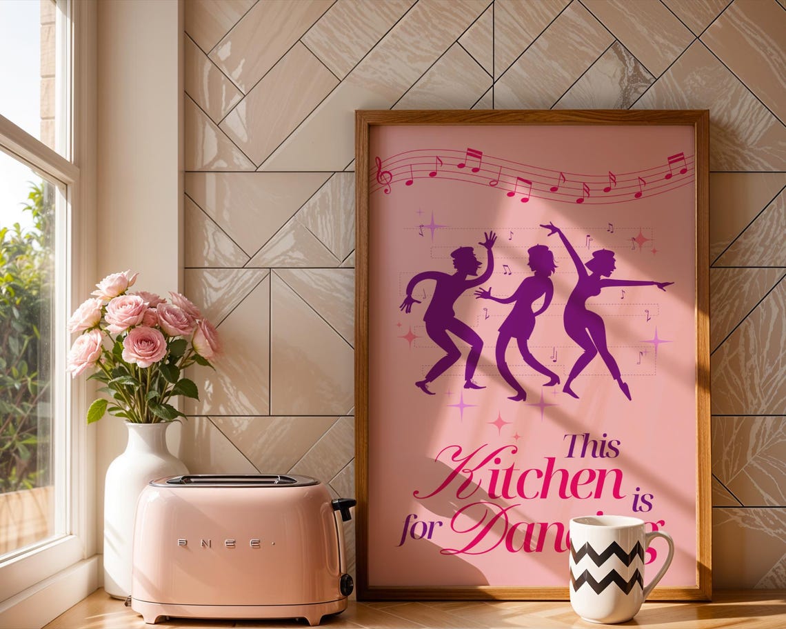 This Kitchen Is for Dancing Poster Pink Retro Music Kitchen Decor Art - Image 3