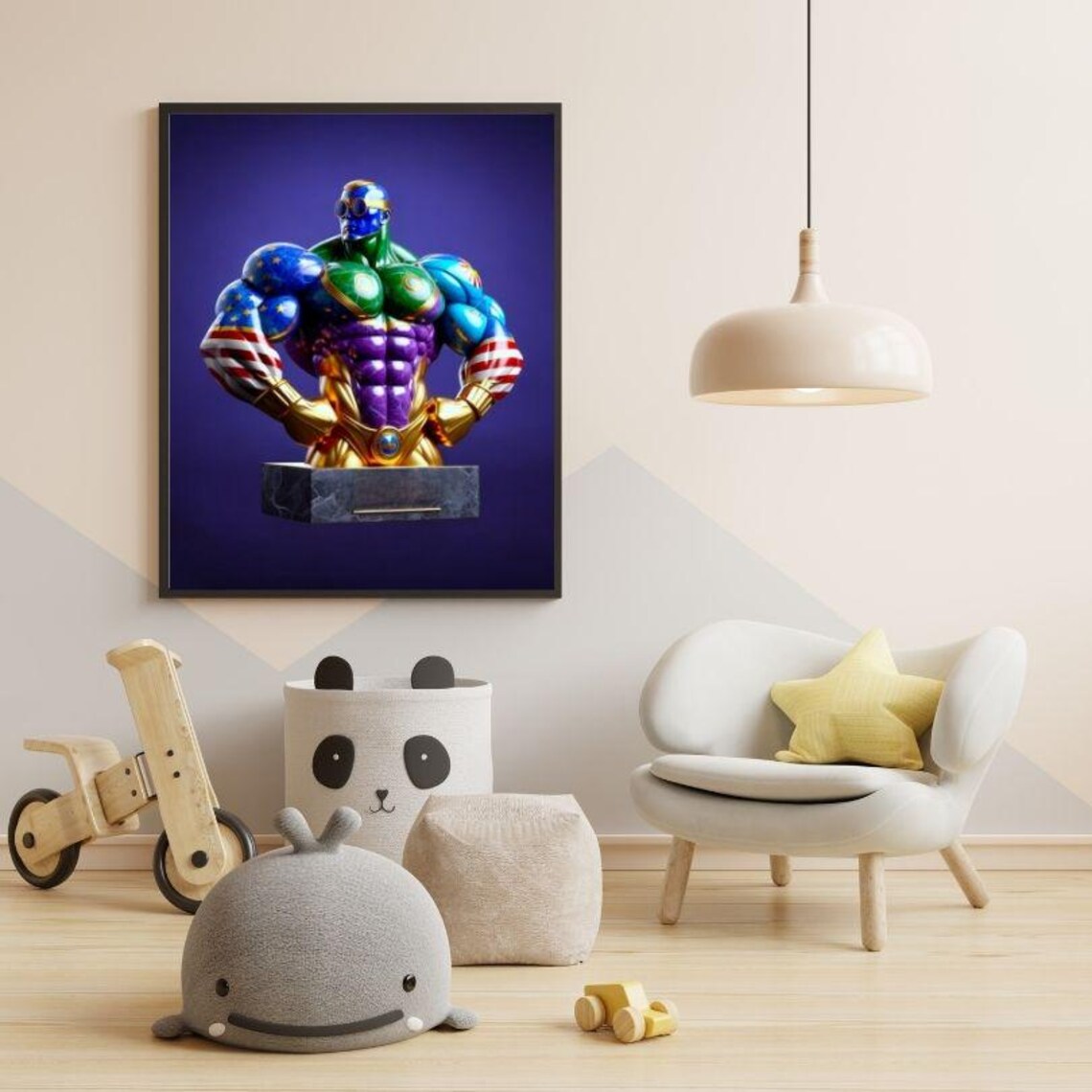 Patriotic Superhero Bodybuilder Bust Gold Stars Modern Art Poster - Image 3