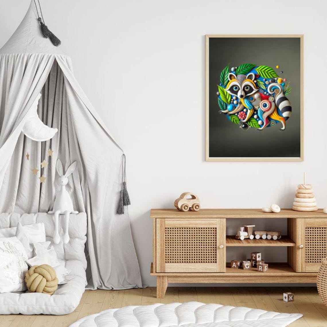 Colorful Paper Quill Raccoon Circle Botanical Whimsical Art Poster - Image 2