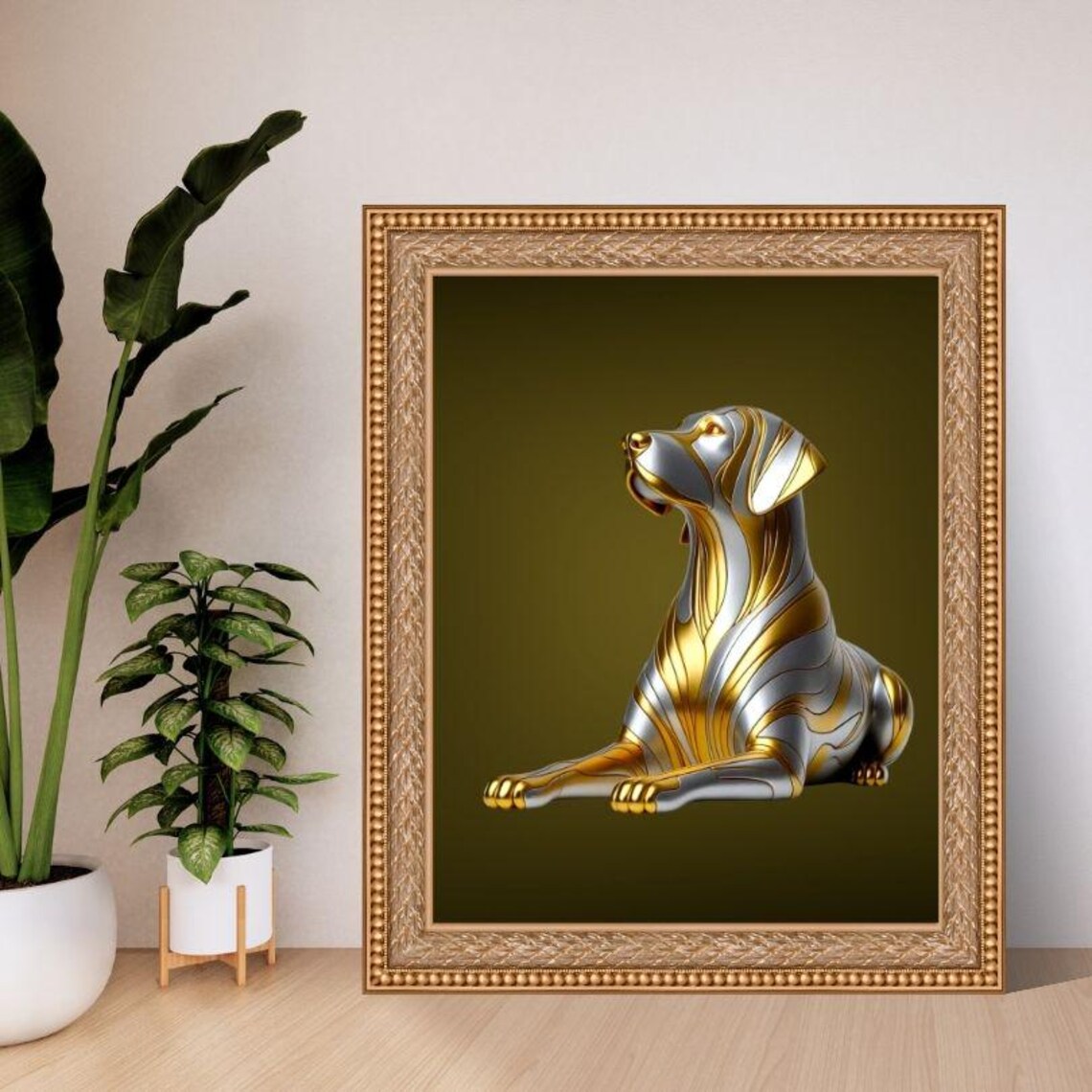 Noble Silver and Gold Sitting Dog Sculpture Portrait Art Poster - Image 2