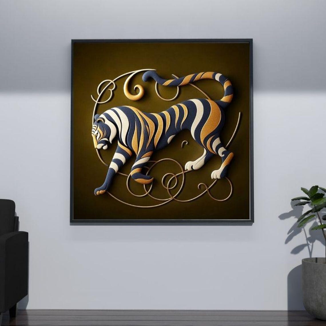 Golden Tiger with Swirling Stripes on Dark Gold Sculptural Art Poster