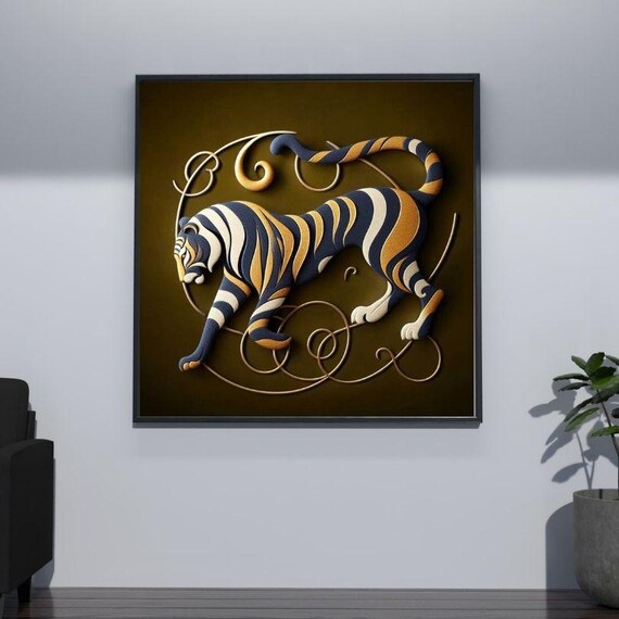 Golden Tiger with Swirling Stripes on Dark Gold Sculptural Art Poster