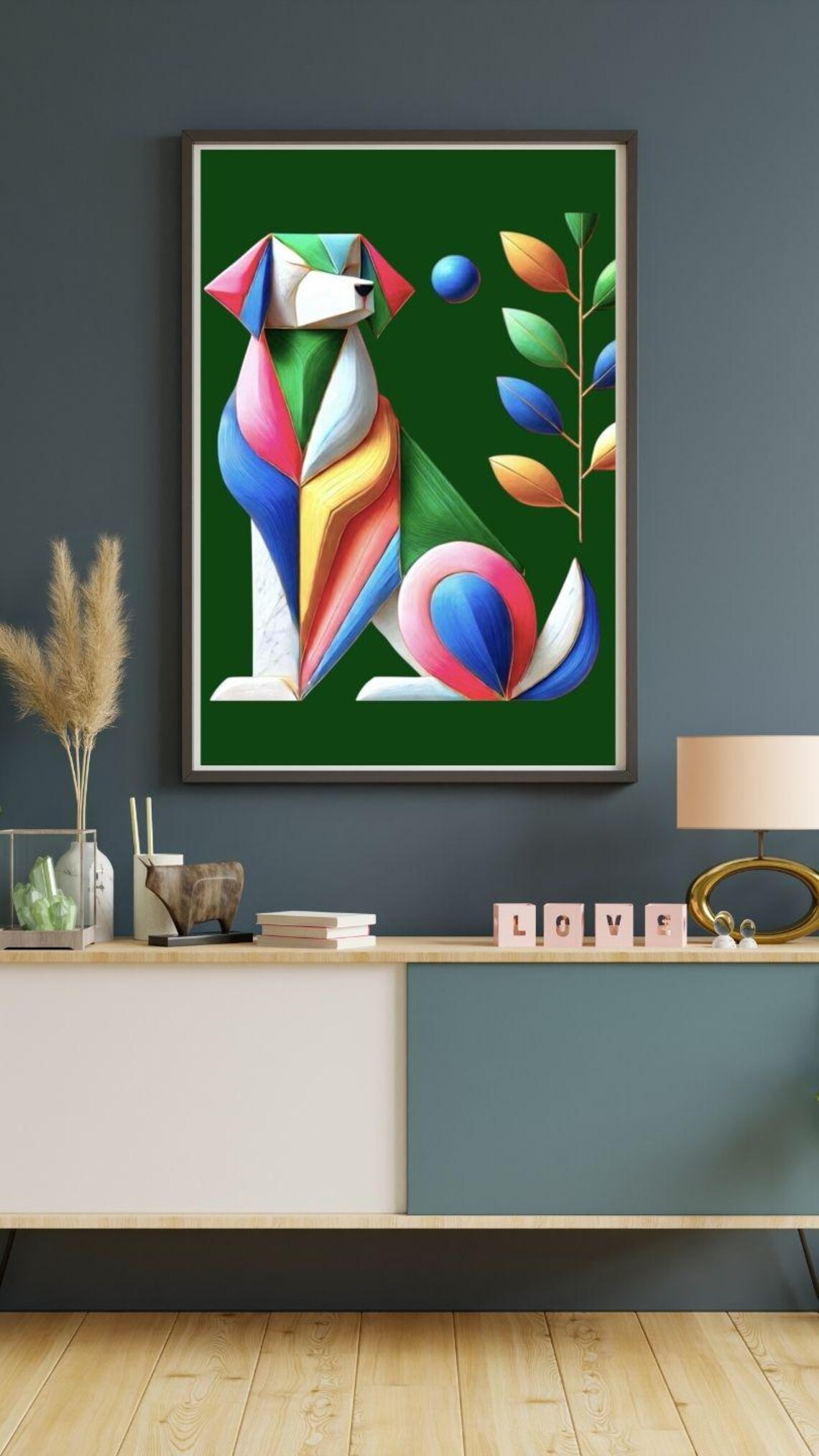 Geometric Origami Dog Sitting with Rainbow Colors on Green Poster - Image 2