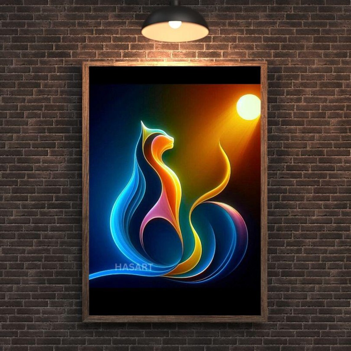 Neon Sunset Abstract Cat Silhouette Melting into Flames Poster