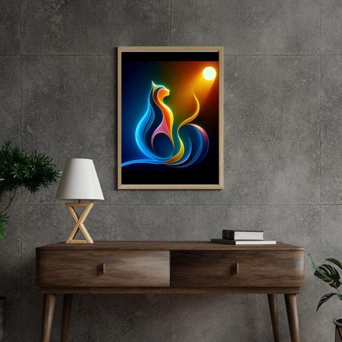 Neon Sunset Abstract Cat Silhouette Melting into Flames Poster - Image 2