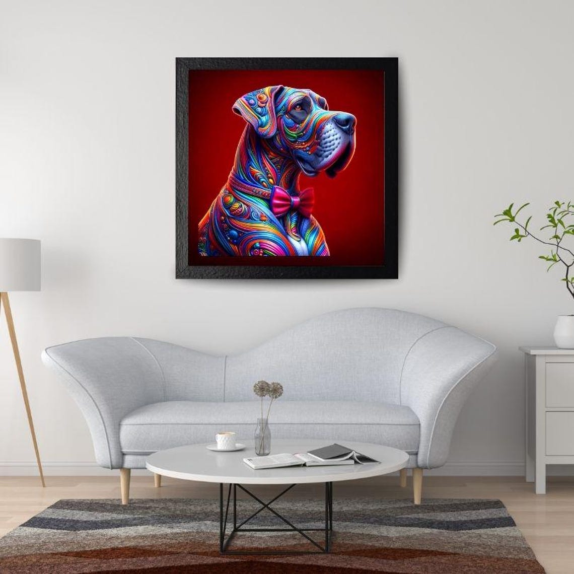 Rainbow Swirl Dog with Pink Bow Tie on Bold Red Pop Art Poster - Image 2