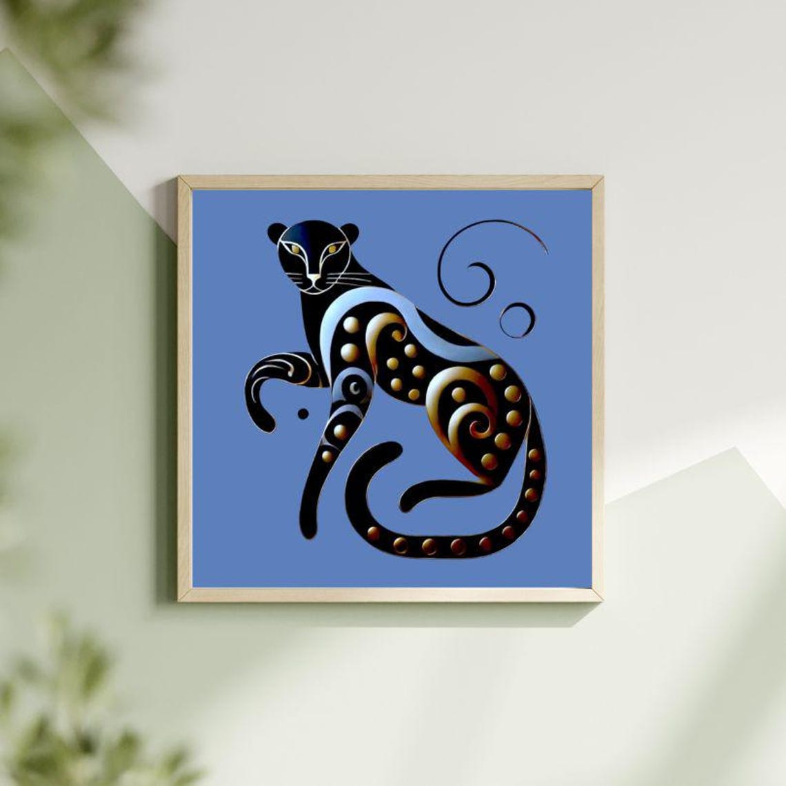 Seated Black Leopard with Gold Dots on Periwinkle Blue Poster - Image 2