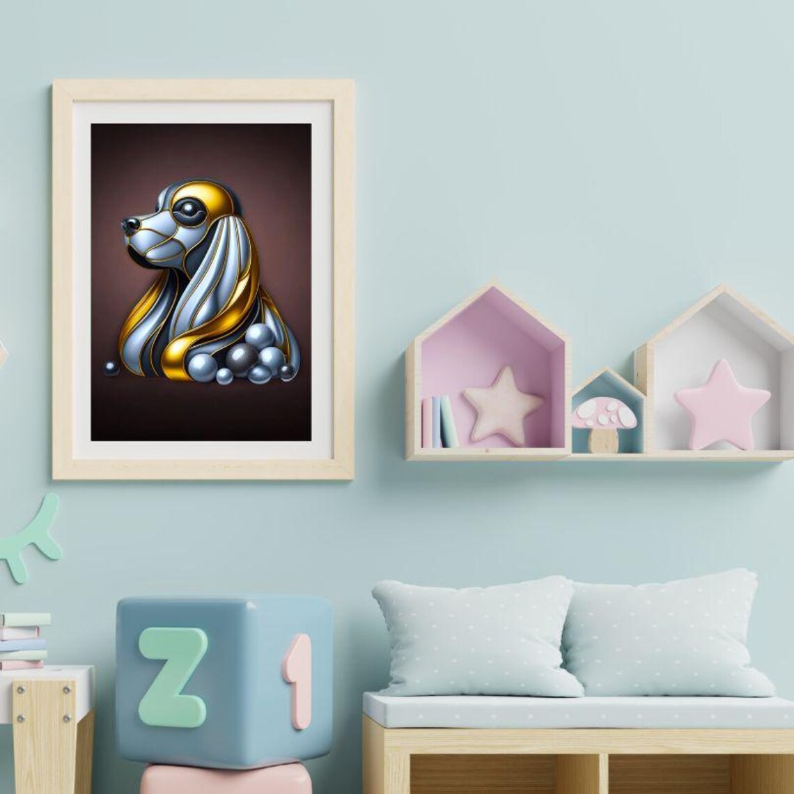 Silver Gold Metallic Spaniel Dog Head Pearls Elegant Art Poster - Image 2