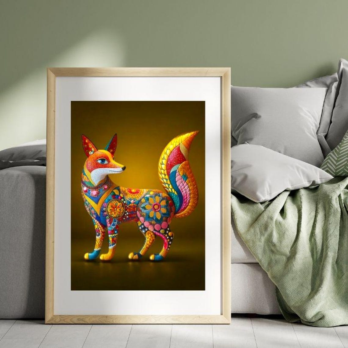 Vibrant Patterned Fox with Floral Folk Art Design on Gold Poster - Image 2