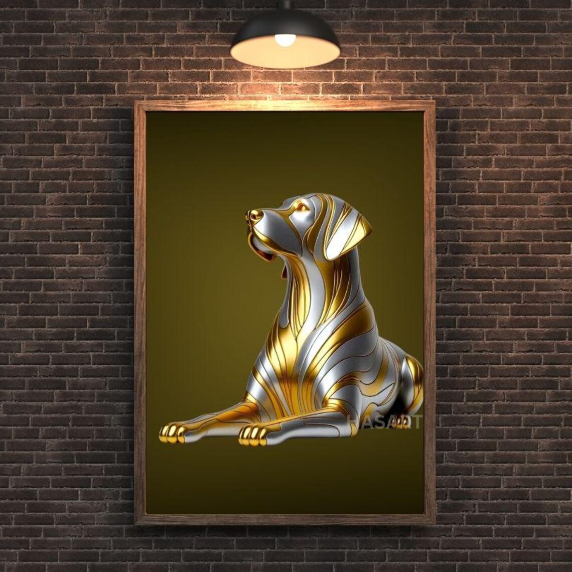 Noble Silver and Gold Sitting Dog Sculpture Portrait Art Poster