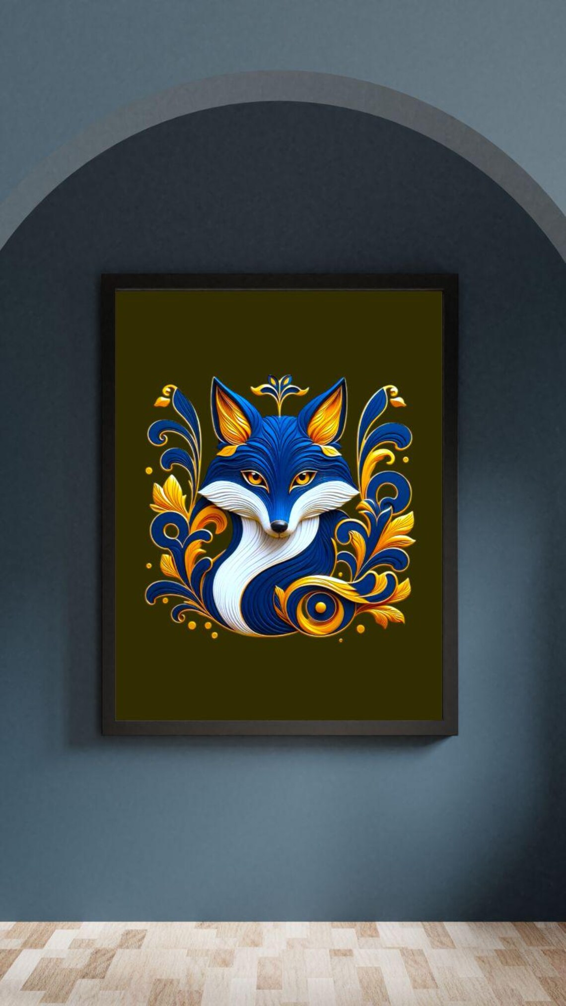 Blue And Gold Ornamental Fox Face Decorative Modern Art Poster - Image 2
