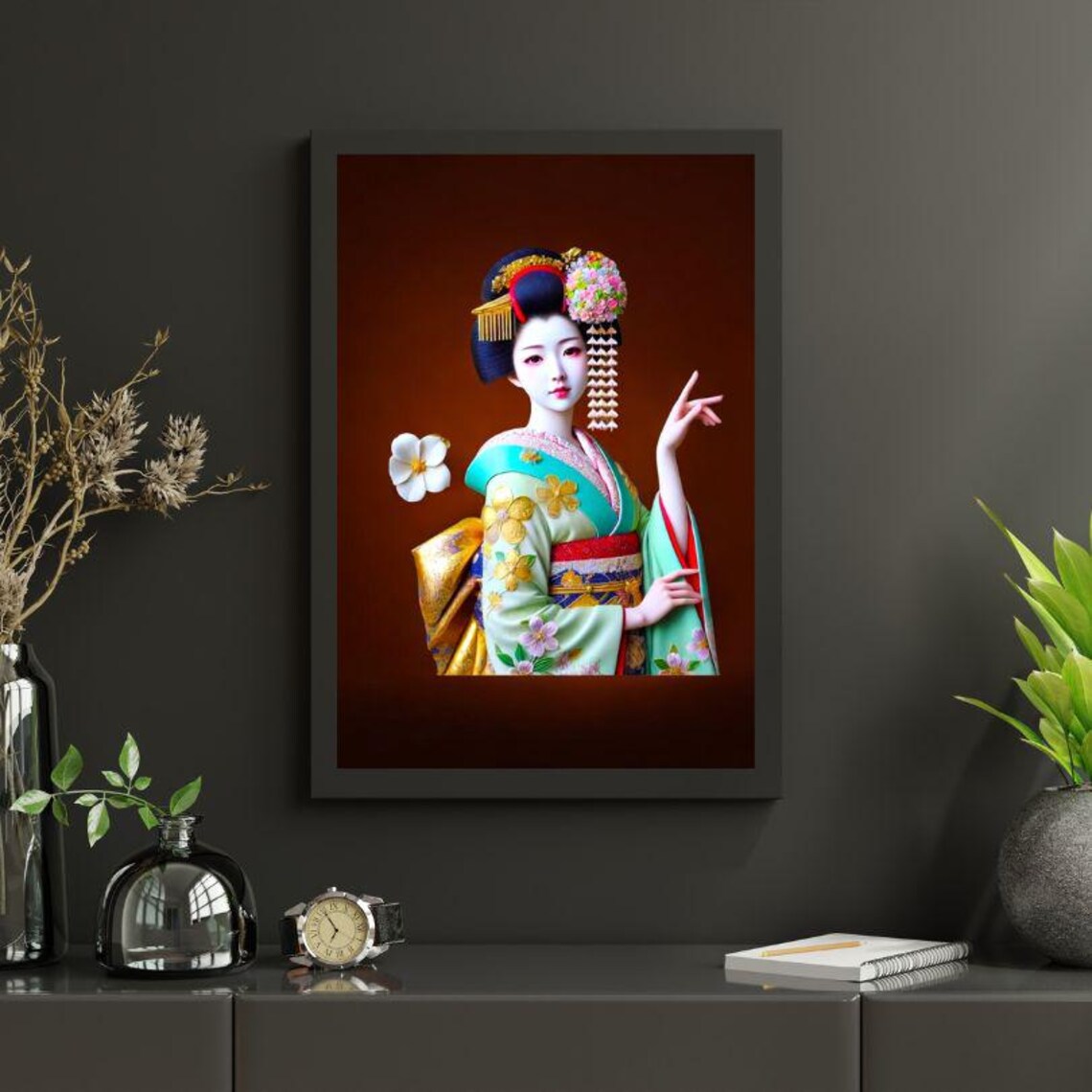 Elegant Japanese Geisha in Floral Kimono Portrait Art Poster - Image 2