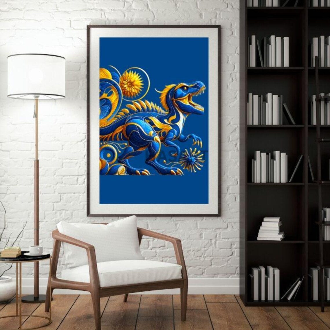 Blue And Gold Ornate T-Rex Dinosaur Modern Decorative Art Poster - Image 3