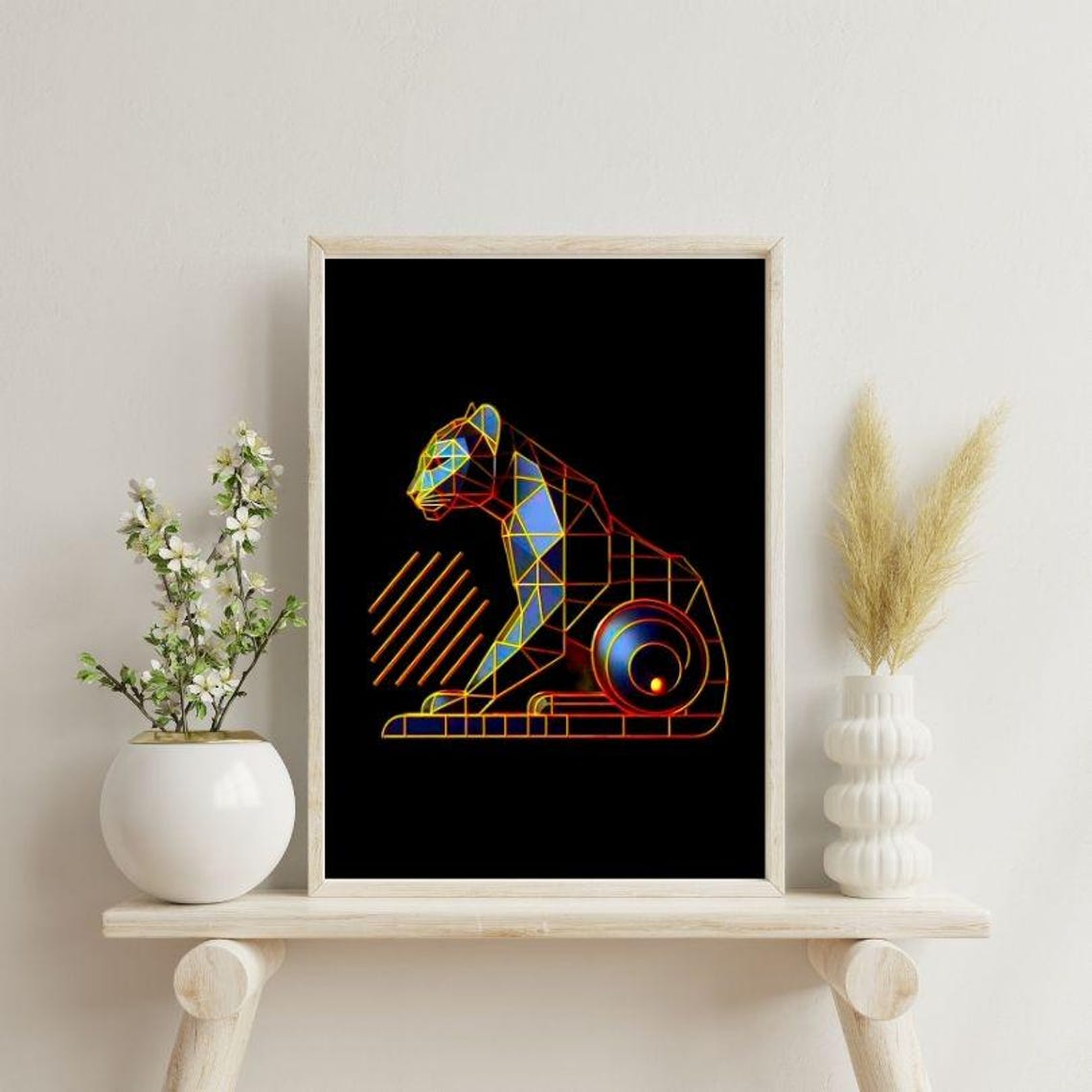 Electric Neon Geometric Leopard Crouching on Black Art Poster - Image 2