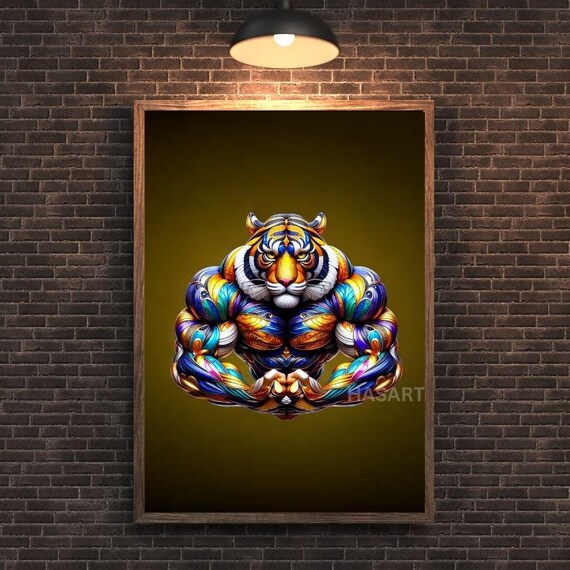Muscular Tiger Flexing in Rainbow Metallic Bodybuilding Poster