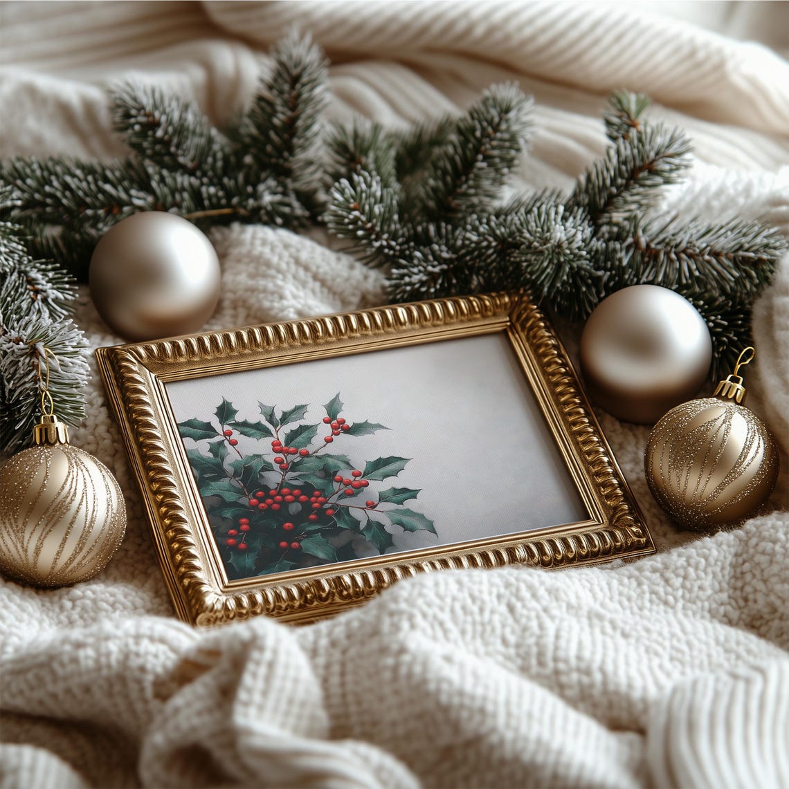 Holly Sprig With Red Berries Antique Botanical Christmas Wall Art - Image 4