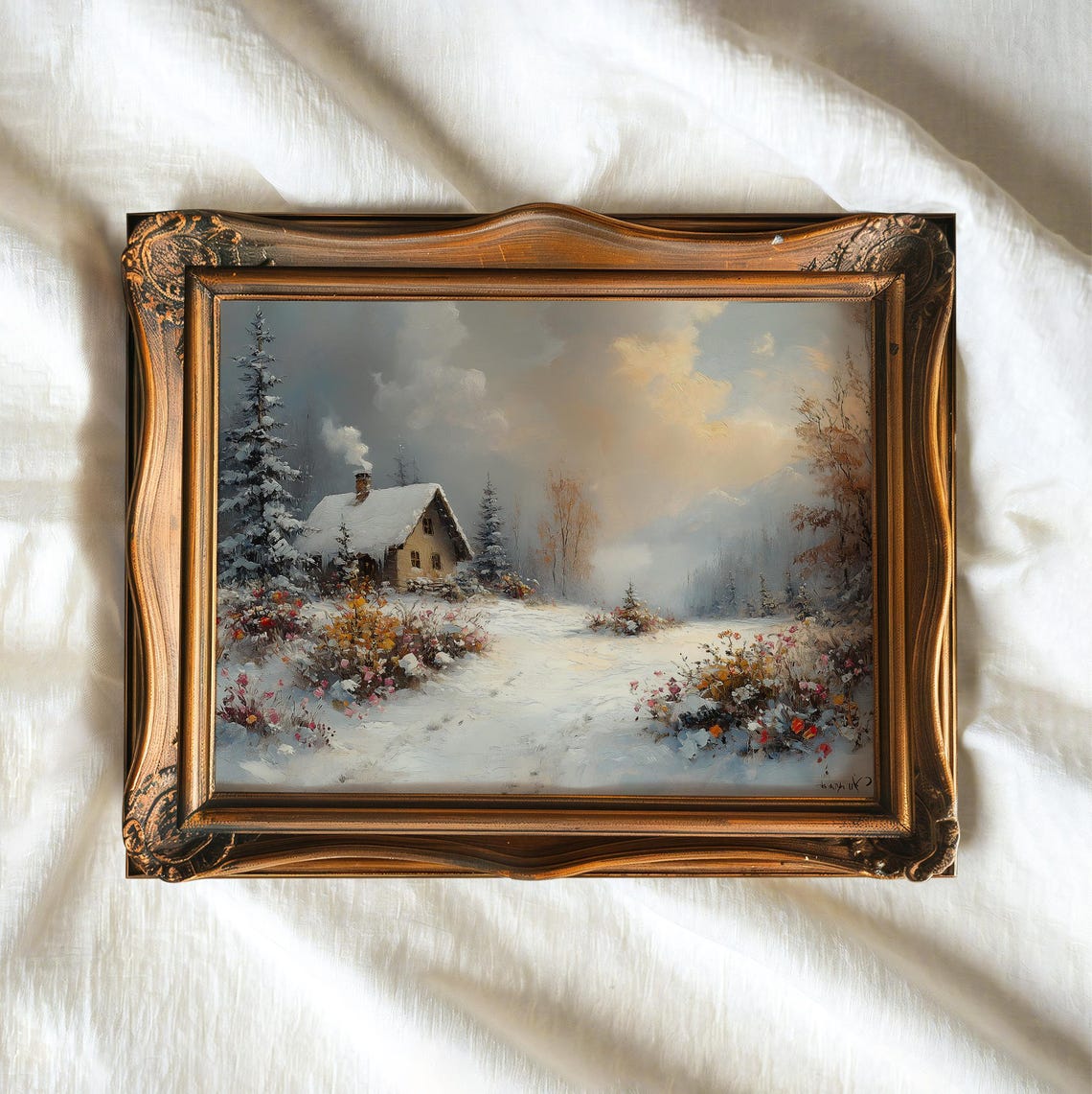Vintage Snowy Cottage Wildflower Meadow Winter Landscape Art Poster - Image 2