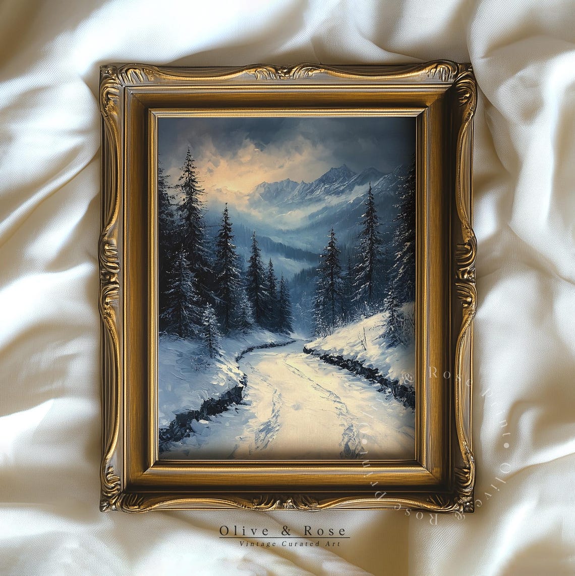 Snowy Mountain Road Dusk Pine Forest Moody Winter Landscape Art Poster