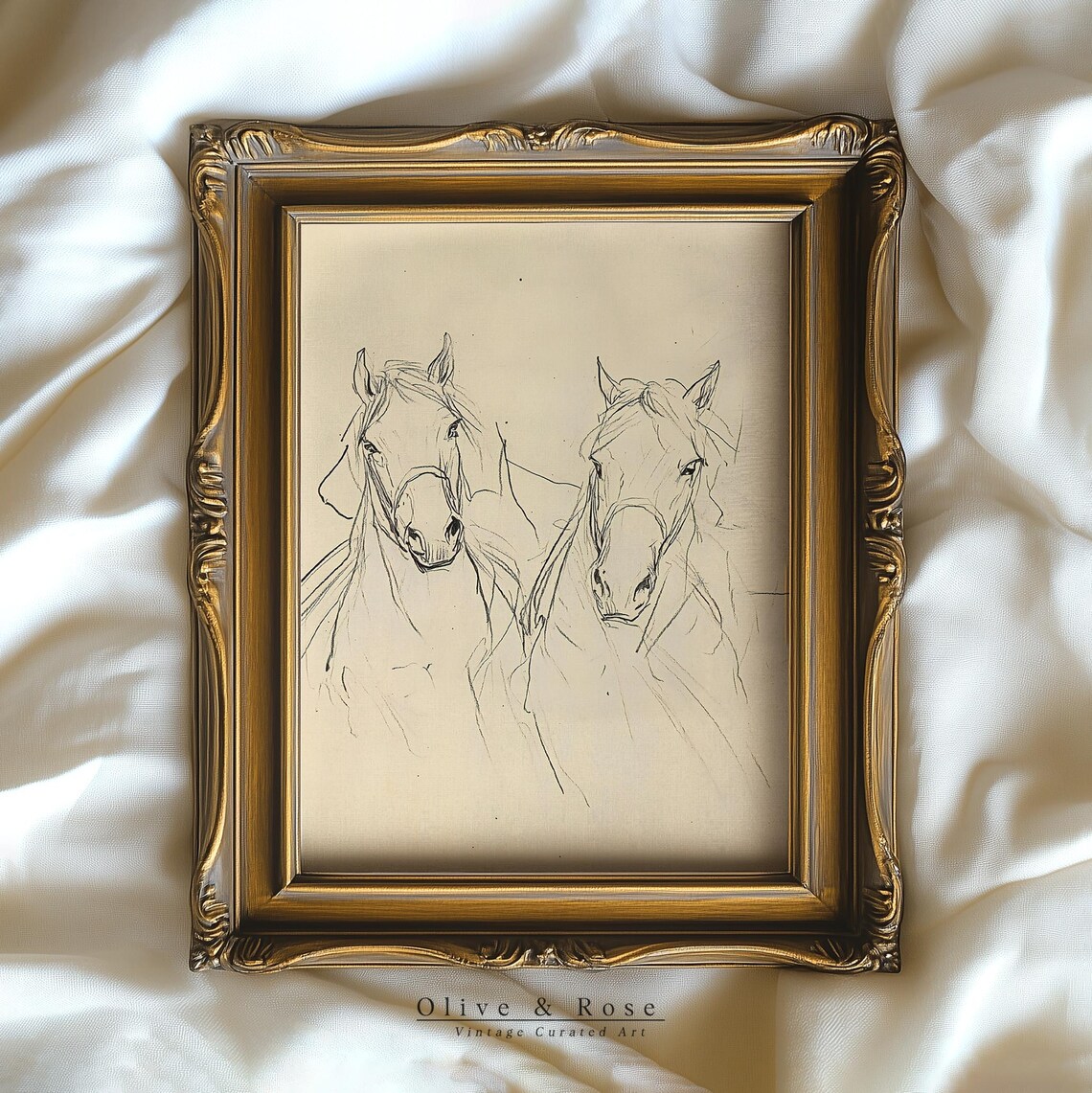 Antique Two Horses Head Line Drawing Equestrian Sketch Vintage Poster - Image 2