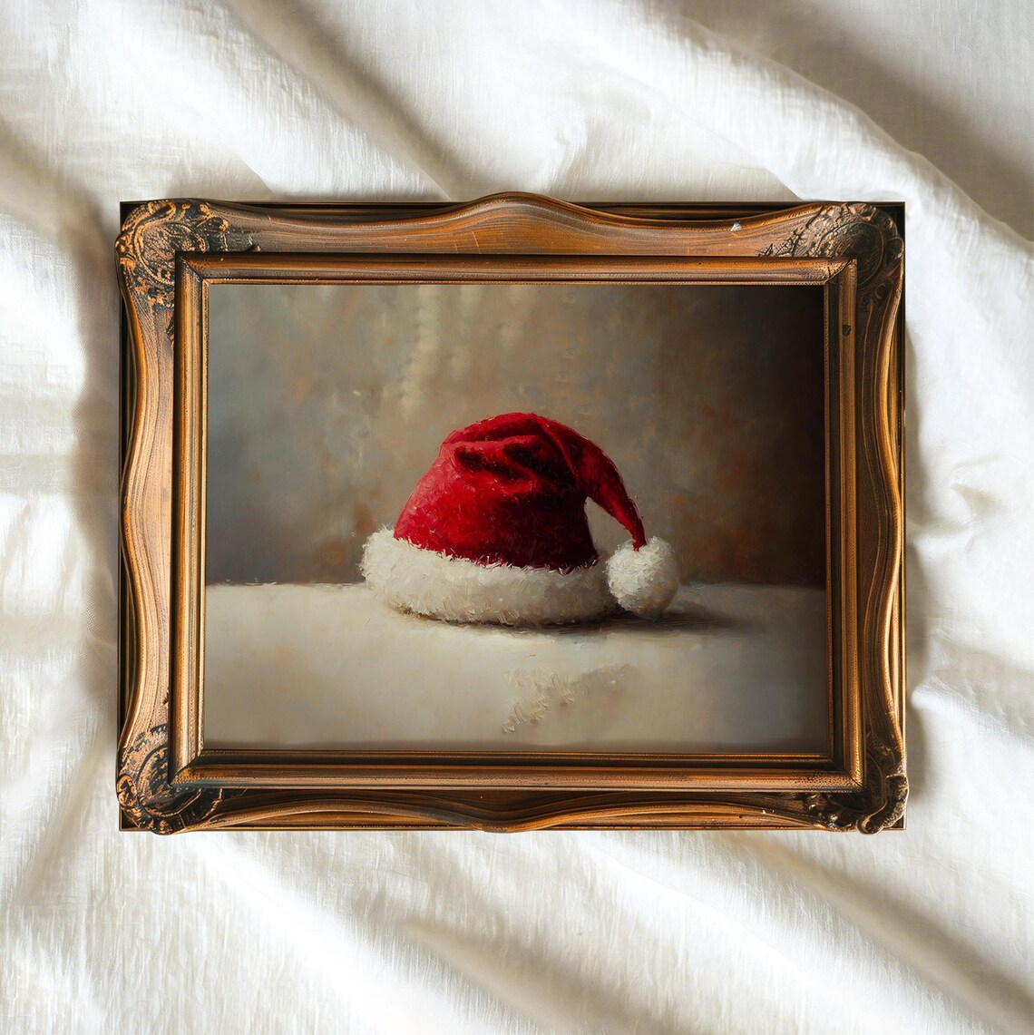 Red Santa Hat Oil Painting Neutral Vintage Christmas Wall Art Poster - Image 3