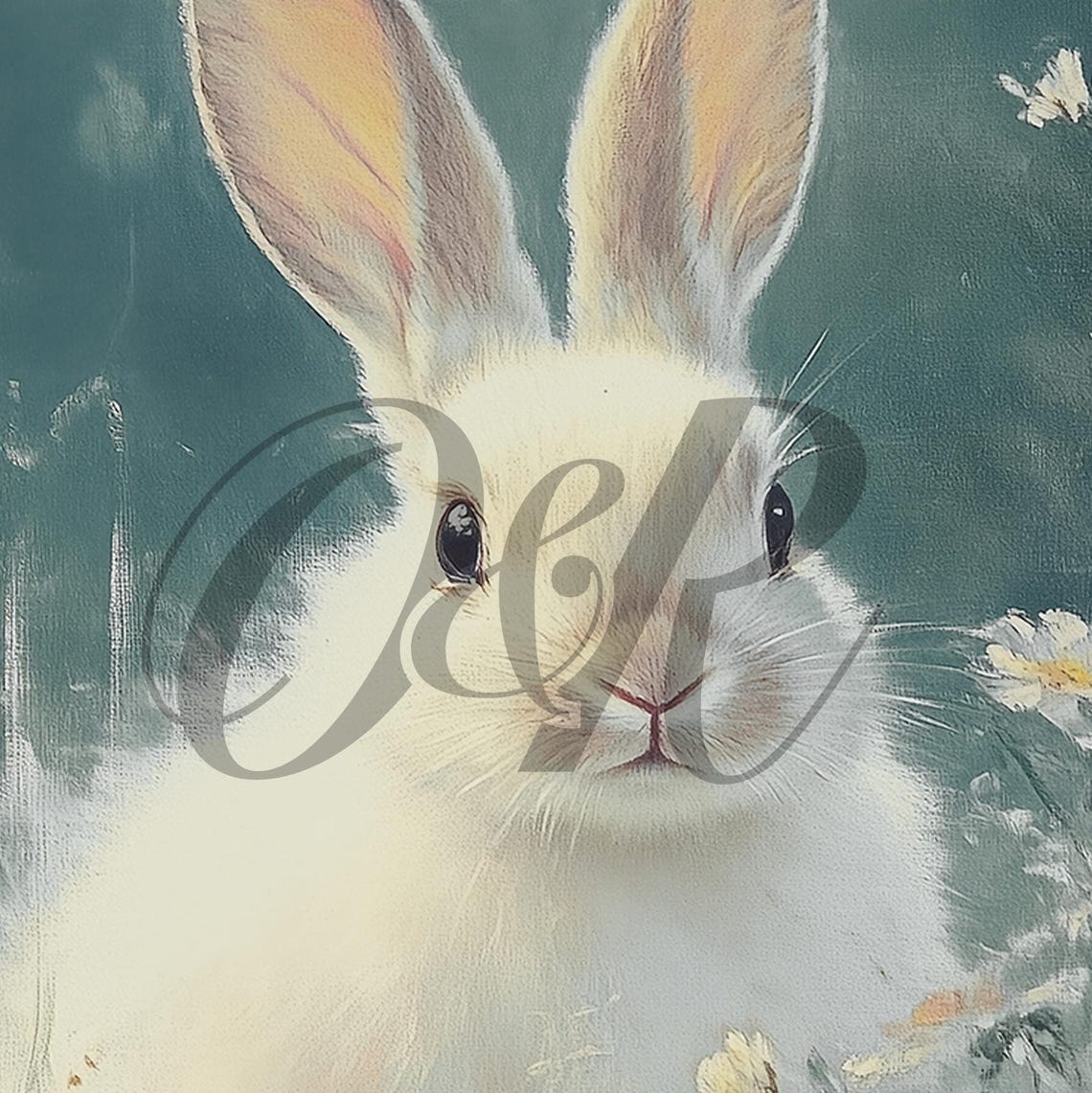 Vintage Easter Bunny In Wildflower Meadow Print Cute Rabbit Painting Art Moody Neutral Spring Decor Sage Green Prints - Image 5