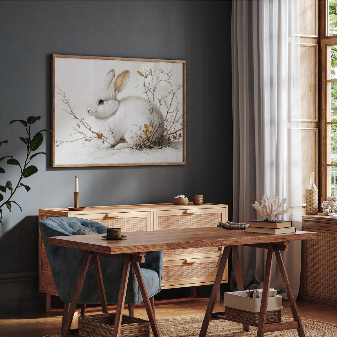 White Bunny Among Bare Winter Branches Minimal Neutral Wall Art - Image 3
