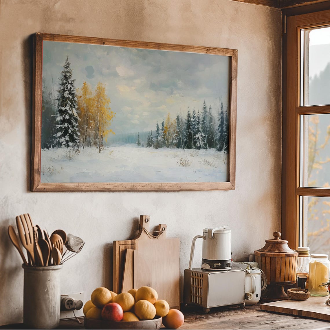 Snowy Pine Meadow Golden Birch Trees Winter Frame TV Art Poster - Image 3