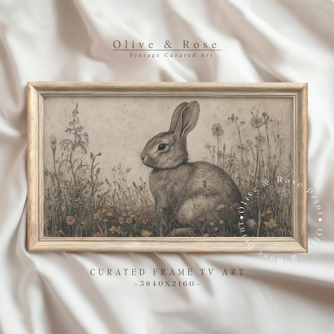 Sitting Rabbit In Wildflower Meadow Sepia Ink Etching Style Vintage Poster