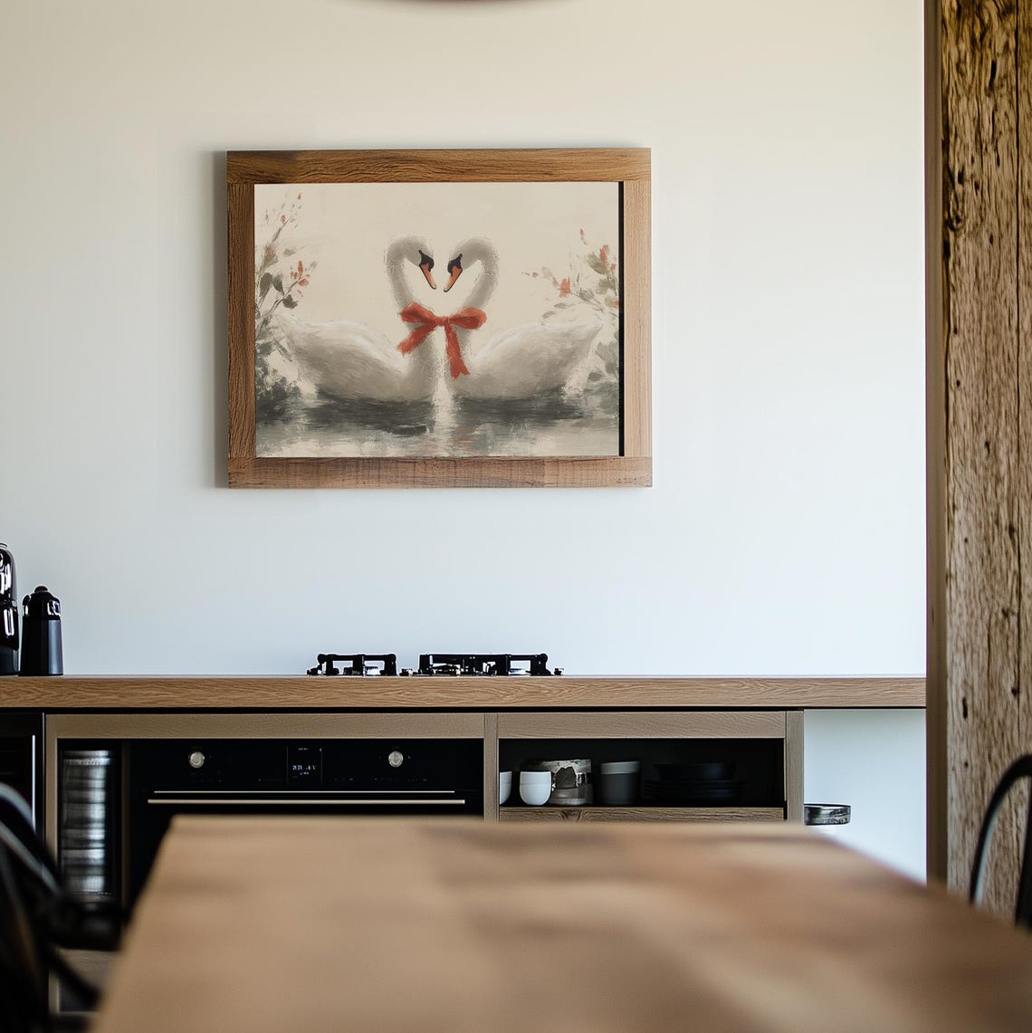 Romantic Swan Pair Heart-Shaped Necks Red Ribbon Moody Lake Wall Art - Image 2