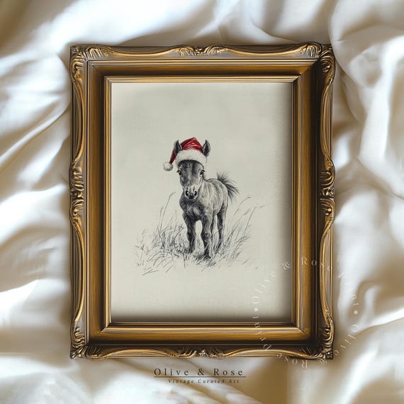 Cute Baby Horse With Santa Hat Sketch Neutral Christmas Nursery Wall Decor Vintage Winter Wall Art Horse Drawing Prints