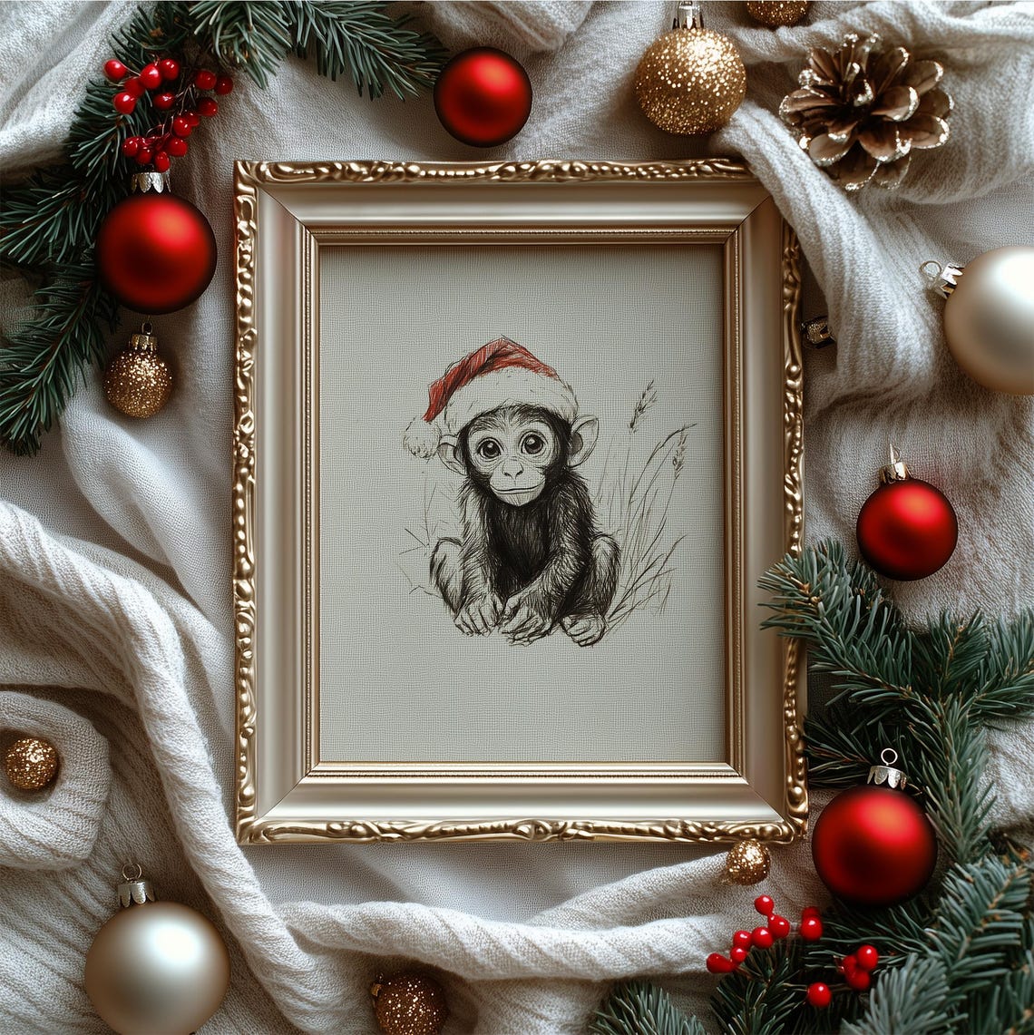 Cute Baby Monkey With Santa Hat Sketch Vintage Winter Wall Art Monkey Drawing Prints - Image 4