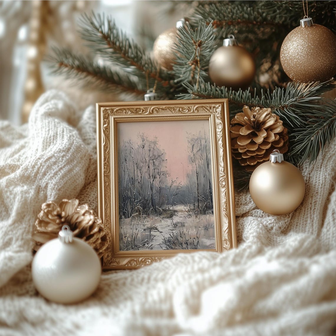 Soft Pastel Winter Forest Blush Sky Snowy Path Vintage Painting Poster - Image 3
