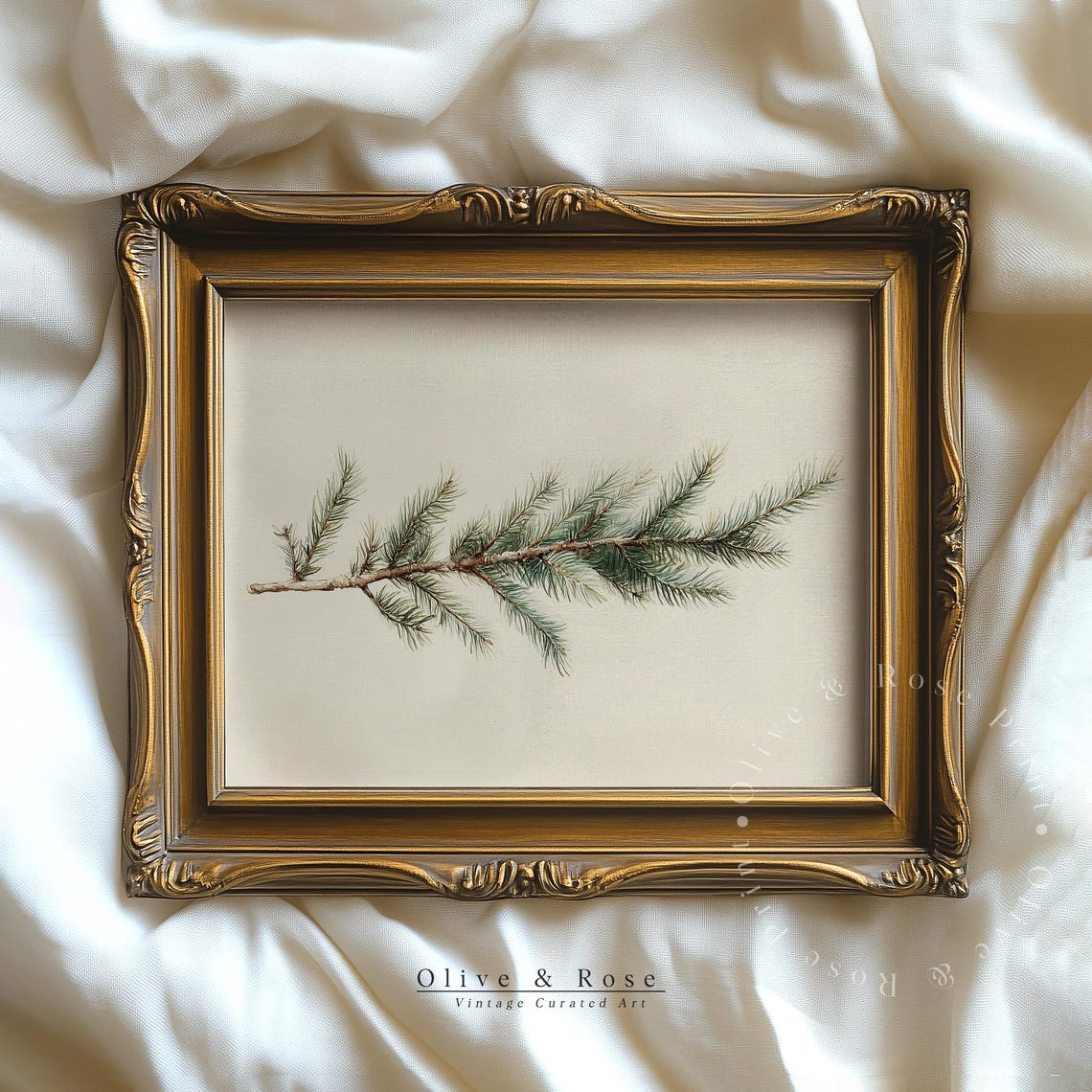 Evergreen Pine Branch Watercolor Painting Neutral Winter Art Poster