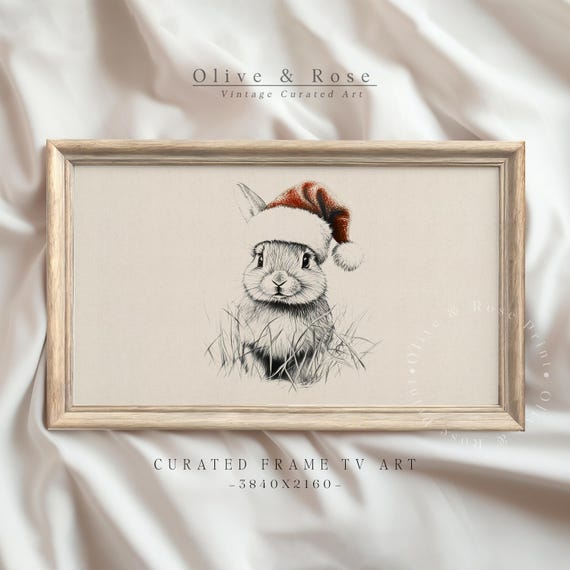 Cute Rabbit In Santa Hat Sketch Frame Tv Art Bunny Nursery Christmas Decor Vintage Animal Drawing Frame Tv Hare Xmas Screensaver